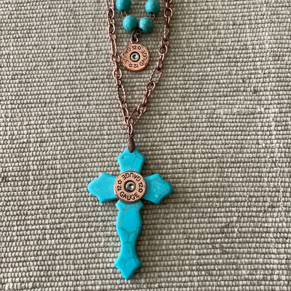12 gauge faux turquoise 2 strand layered necklace. Rose gold